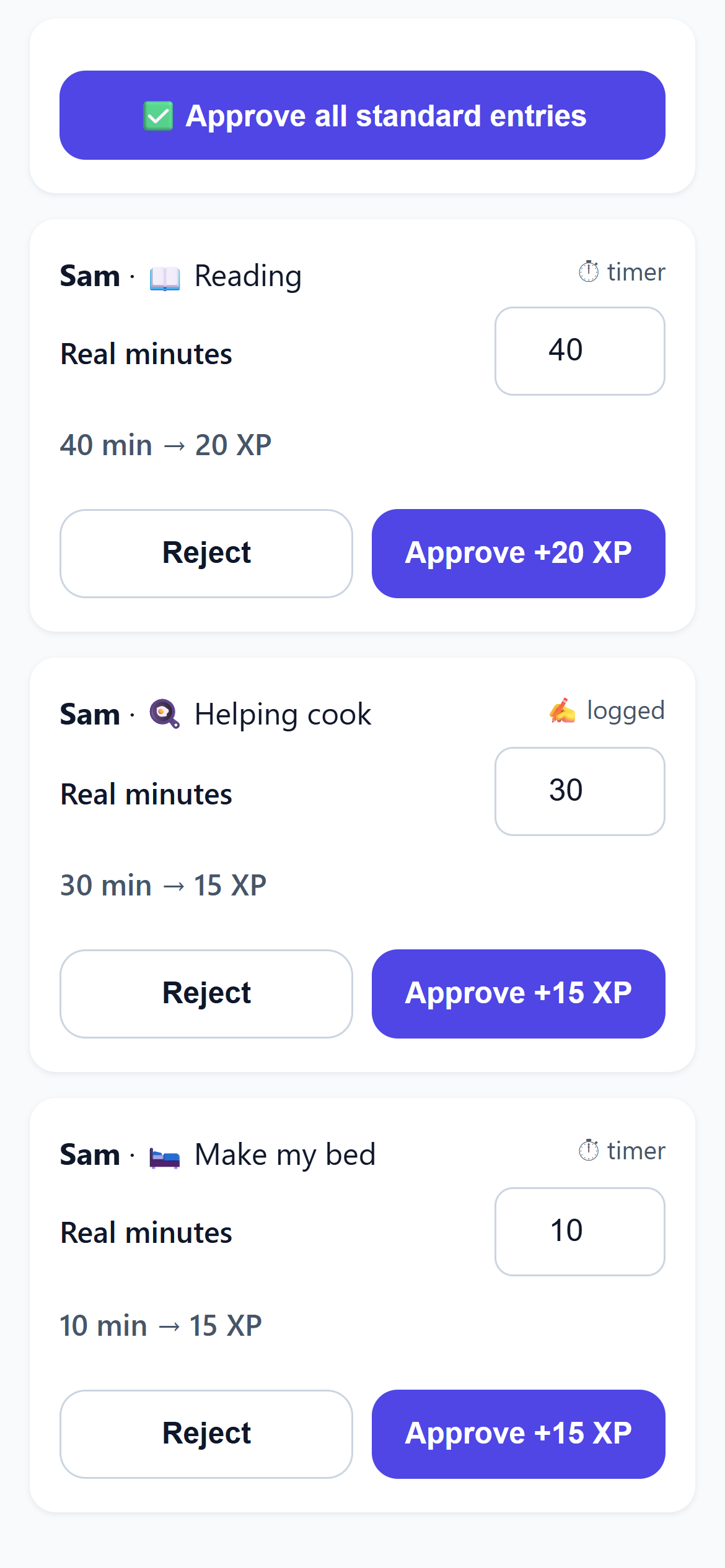 ScreenWage parent approval queue: three pending entries for Sam — reading for 40 minutes (20 XP), helping cook for 30 minutes (15 XP), and making the bed for 10 minutes (15 XP) — each with Reject and Approve buttons, above an Approve all option.