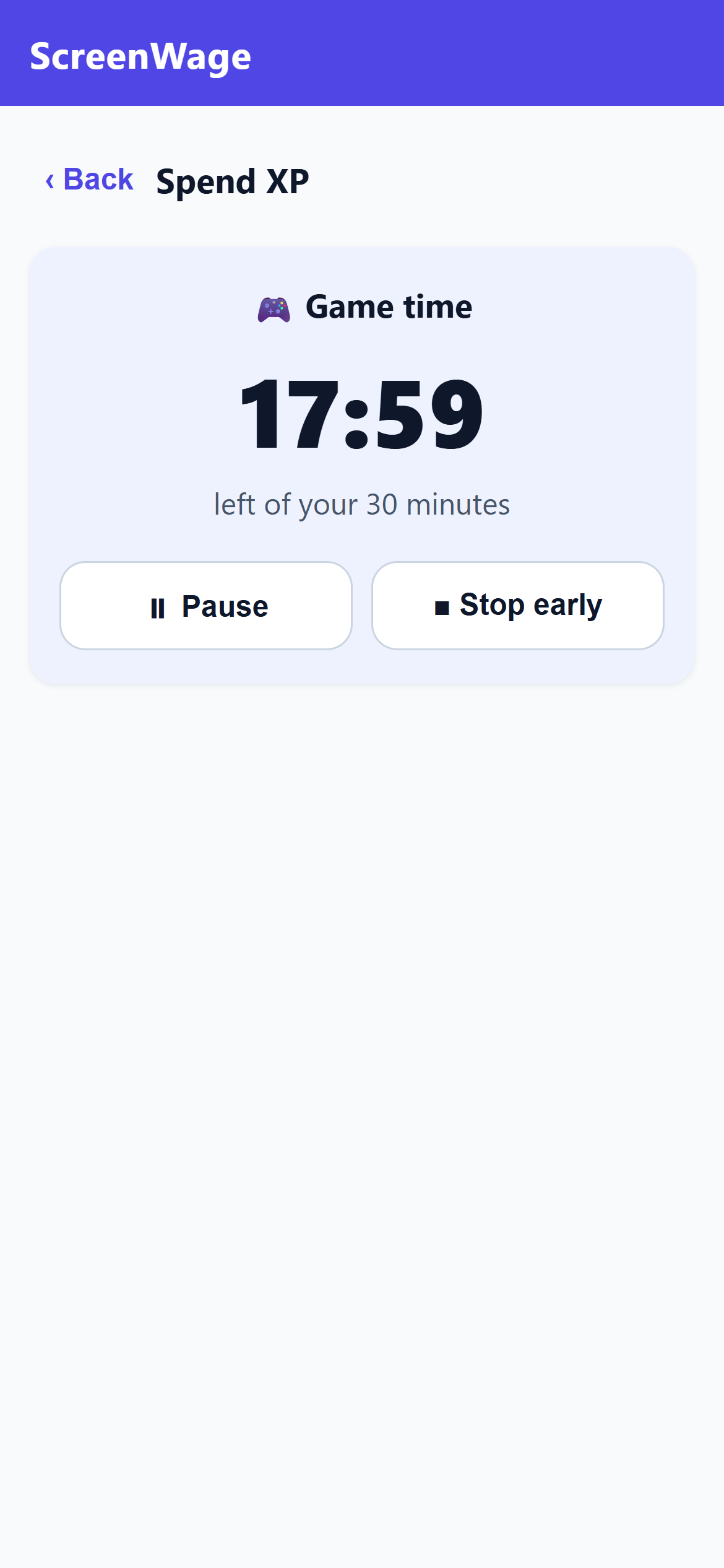 ScreenWage spend timer counting down 17:59 remaining of a 30-minute game-time session, with Pause and Stop early buttons.
